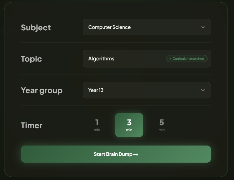 Brain Dump setup screen — subject, topic, year group and timer