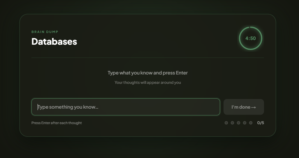 Student brain dump screen — typing answers with a countdown timer